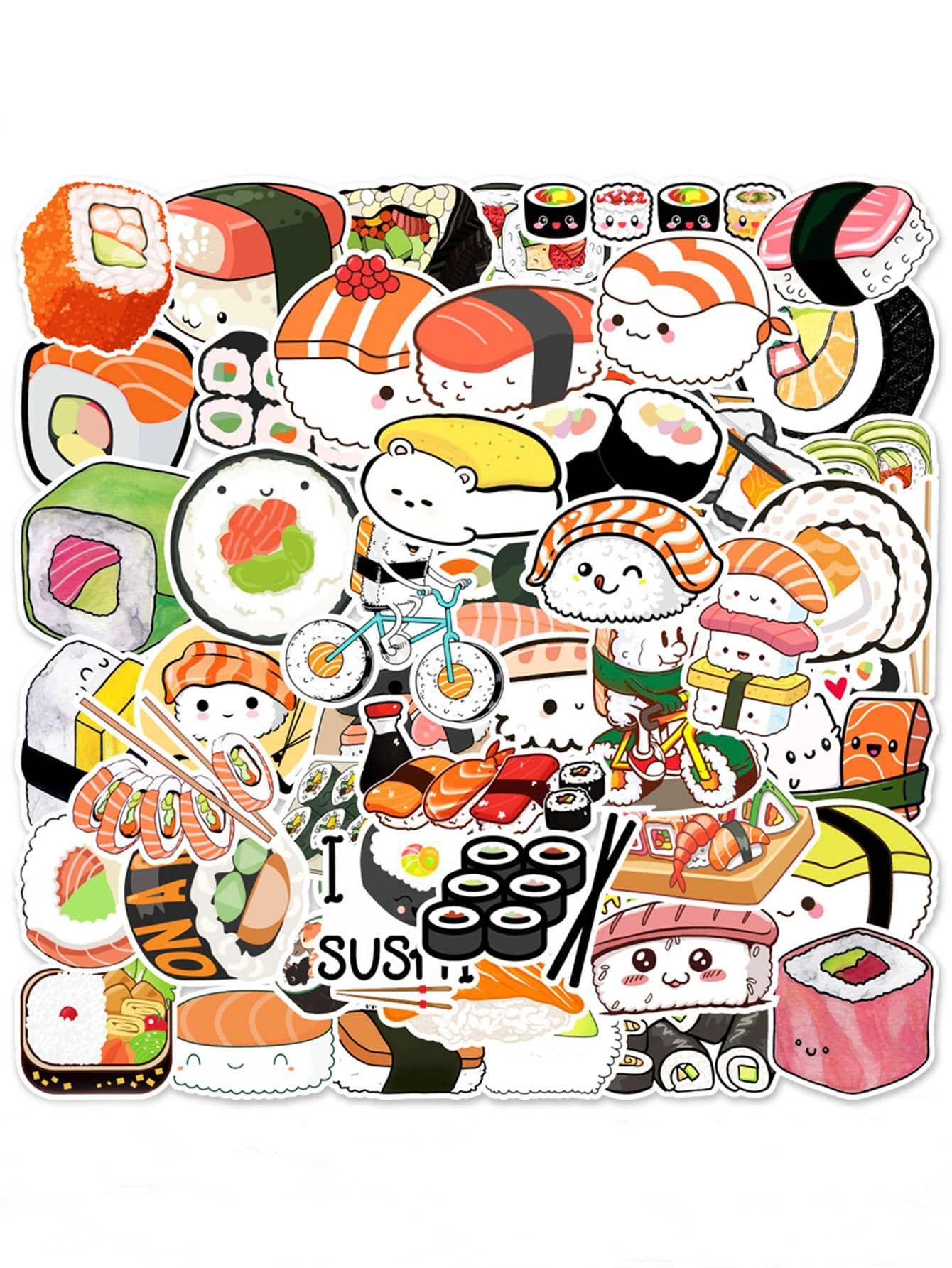 50张日本食物涂鸦贴纸，可爱卡通寿司贴纸，拉面个性化创意涂鸦贴纸，适用于汽车、行李箱、水瓶 - 彩色 - 查看 1