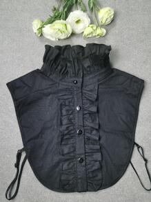 Ruffle Trim Nút phía trước Cổ áo Faux - màu đen - Xem 3
