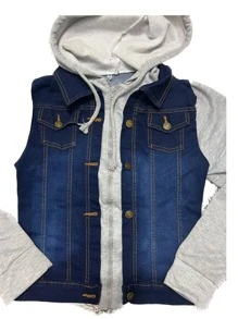 Denim Jacket With Plush Sleeves - 藏蓝色 - 查看 3