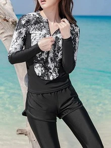 图案印花双色前拉链防晒衣 夏日海滩 - 黑與白 - 查看 3