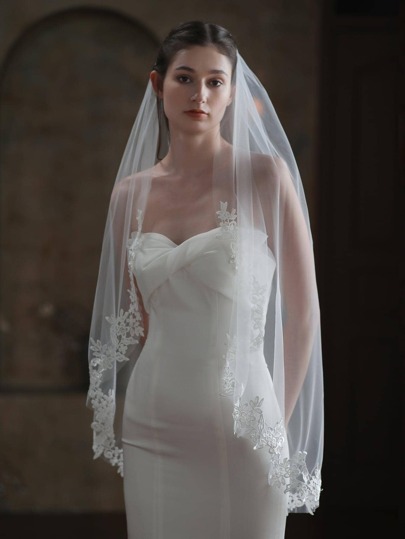 1pc Elegant Breathable Appliques Decor Bridal Veil With Hair Comb Wedding Veil For Bride Fall Clothes For Women