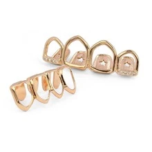 Four Full Open Face Hollow Tooth Grillz Top With CZ & Bottom Teeth Grills For Men - Rose Gold - View 3