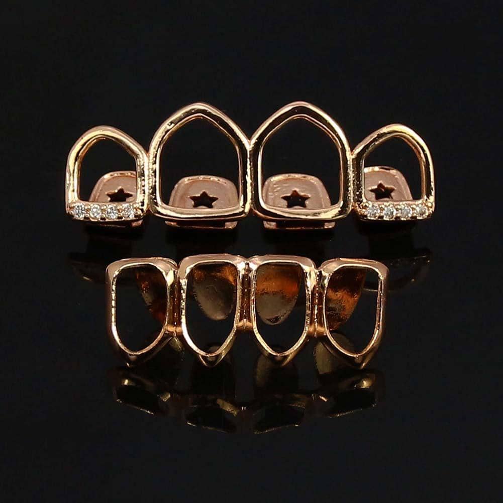 Four Full Open Face Hollow Tooth Grillz Top With CZ & Bottom Teeth Grills For Men - Rose Gold - View 1