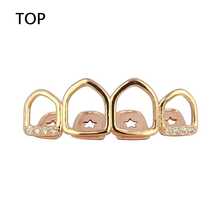 Four Full Open Face Hollow Tooth Grillz Top With CZ & Bottom Teeth Grills For Men - Rose Gold - View 4