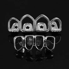 Four Full Open Face Hollow Tooth Grillz Top With CZ & Bottom Teeth Grills For Men Copper Silver Color Body Jewelry - Silver - View 1