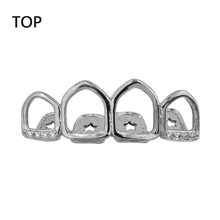 Four Full Open Face Hollow Tooth Grillz Top With CZ & Bottom Teeth Grills For Men Copper Silver Color Body Jewelry - Silver - View 5