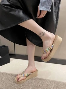 Women Chevron Pattern Sandals, Vacation Summer Fabric Toe Post Design Wedge Slide Sandals