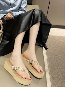 Women Chevron Pattern Sandals, Vacation Summer Fabric Toe Post Design Wedge Slide Sandals
