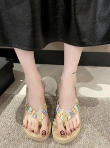 Women Chevron Pattern Sandals, Vacation Summer Fabric Toe Post Design Wedge Slide Sandals