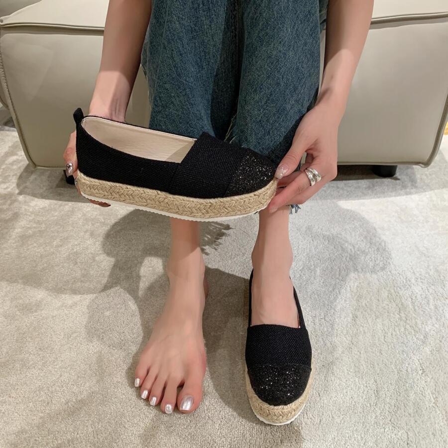 2023新款女士平底鞋秋季厚底斜跟渔夫鞋，中跟设计，宽松套脚款式 - 黑色 - 查看 1