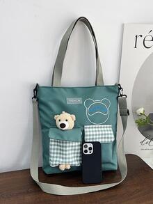 簡約風牛津布托特包帶熊裝飾用品 - 綠色 - 查看 2