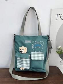 簡約風牛津布托特包帶熊裝飾用品 - 綠色 - 查看 3
