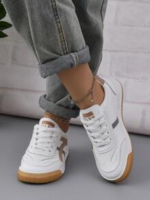 新款春季女士运动鞋真皮透气森林小白鞋平底防滑休闲鞋，棕色 PU 皮革纯色女士休闲运动鞋低帮 - 棕色 - 查看 5