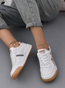 新款春季女士运动鞋真皮透气森林小白鞋平底防滑休闲鞋，棕色 PU 皮革纯色女士休闲运动鞋低帮 - 棕色 - 查看 2