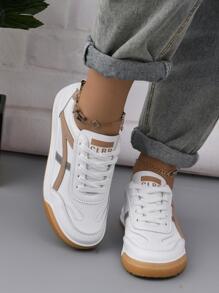 新款春季女士运动鞋真皮透气森林小白鞋平底防滑休闲鞋，棕色 PU 皮革纯色女士休闲运动鞋低帮 - 棕色 - 查看 4