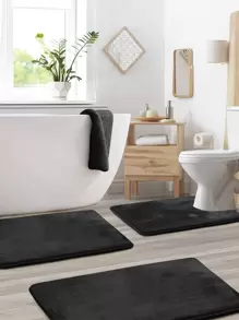 1pc Solid Color Non-Slip Bath Rug, Black Polyester Memory Foam Floor Mat For Household Home Bathroom Decor Floor Carpet Summer Bathroom Accessories