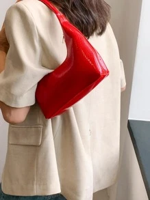 Fashionable Solid Colour Red Crocodile Pattern Shell Shaped Shoulder Tote Bag For Women - Burgundy - View 3