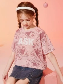 Girls Cartoon & Letter Graphic Drop Shoulder Tee - Pink - View 2