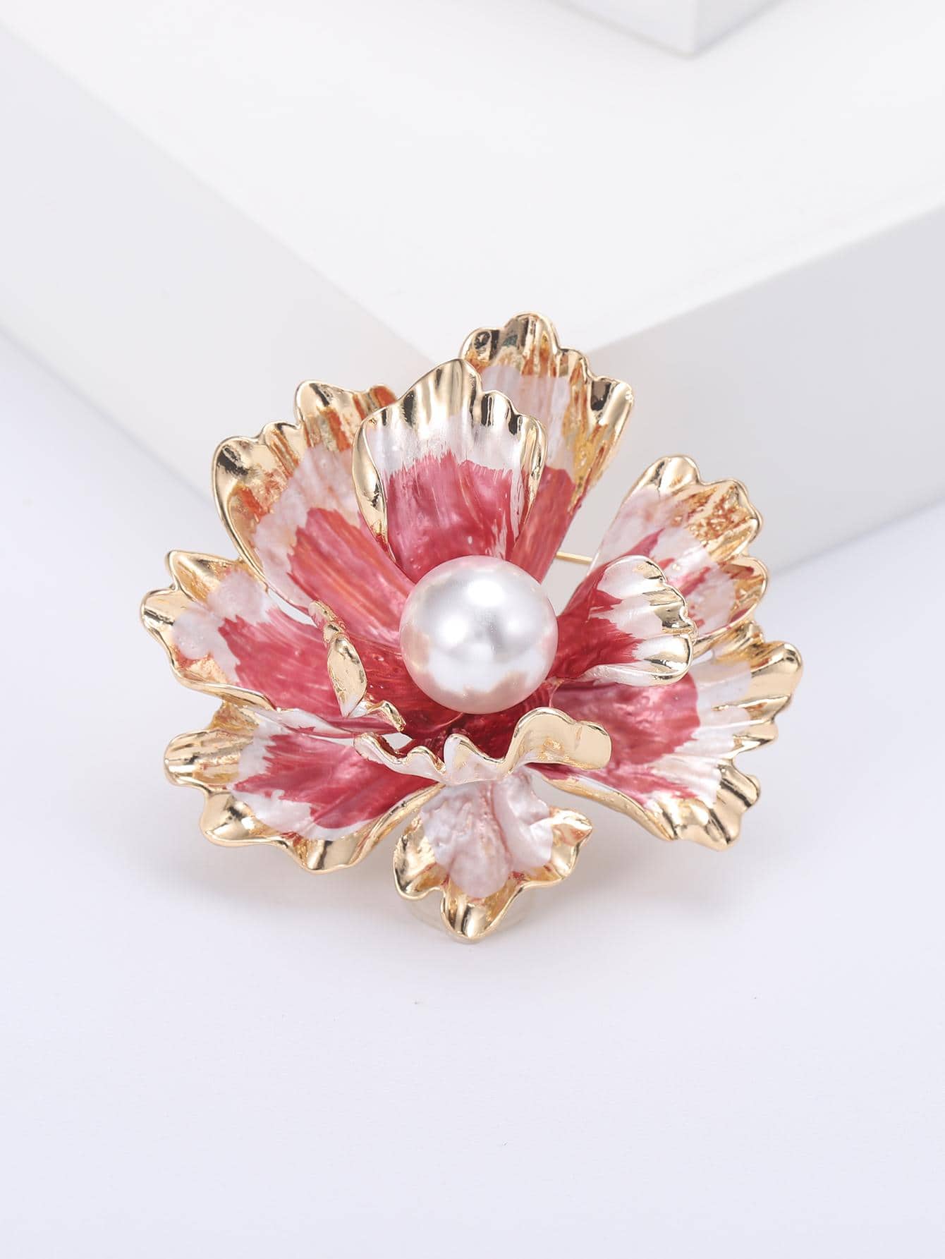 人造珍珠裝飾花朵設計胸針 - 紅色 - 查看 1