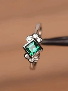 水鑽方形裝飾戒指 - 綠色 - 查看 2