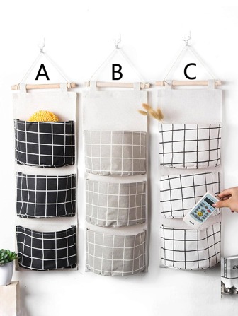 1入組格紋圖案懸掛收納黑色滌綸創意防水收納袋
