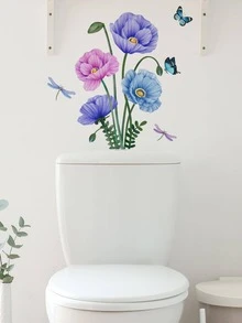 1pc Floral Pattern Toilet Lid Decal, PVC Colorful Waterproof Toilet Lid Sticker For Bathroom - Multicolor - View 5