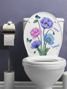 1pc Floral Pattern Toilet Lid Decal, PVC Colorful Waterproof Toilet Lid Sticker For Bathroom - Multicolor - View 3