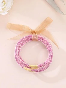 5pcs/set Jelly Bangles With Beads & Glitter For Women, Transparent Ribbon - Multicolor - View 3