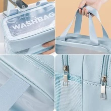 蓝色双层便携式盥洗包，带独立干湿隔层，适用于游泳和防水，多功能化妆包，1 件化妆包化妆品收纳化妆品收纳包旅行配件刷包化妆容器旅行用品旅行必需品女士配件旅行用品大学度假巡航暑假必需品女士洗漱包盥洗包手提包收纳 - 藍色 - 查看 3
