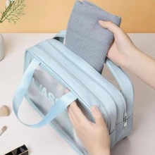 蓝色双层便携式盥洗包，带独立干湿隔层，适用于游泳和防水，多功能化妆包，1 件化妆包化妆品收纳化妆品收纳包旅行配件刷包化妆容器旅行用品旅行必需品女士配件旅行用品大学度假巡航暑假必需品女士洗漱包盥洗包手提包收纳 - 藍色 - 查看 5