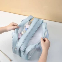 蓝色双层便携式盥洗包，带独立干湿隔层，适用于游泳和防水，多功能化妆包，1 件化妆包化妆品收纳化妆品收纳包旅行配件刷包化妆容器旅行用品旅行必需品女士配件旅行用品大学度假巡航暑假必需品女士洗漱包盥洗包手提包收纳 - 藍色 - 查看 2