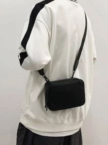 peach tree 1 件时尚潮流纯色迷你盒式单肩包，男士商务 PU 斜挎包，简约桃树单肩斜挎包，菱形盒式包，PU 防水旅行包，适合年轻男士的便携式休闲礼物，万圣节、圣诞节、秋冬季 - 黑色 - 查看 2