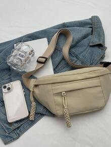 2023新款女士休閒腋下包，簡約時尚胸包，素色帆布斜挎包 - 米色 - 查看 5