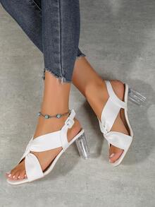 Elegant Slingback Sandals For Women, Twist Detail Chunky Heeled Sandals - White - View 5