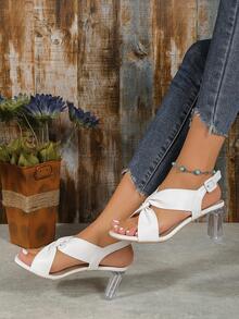 Elegant Slingback Sandals For Women, Twist Detail Chunky Heeled Sandals - White - View 2