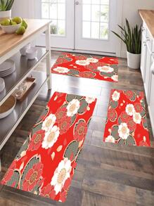 1pc Floral Print Anti-slip Kitchen Rug, Red Polyester Absorbent Floor Mat For Household