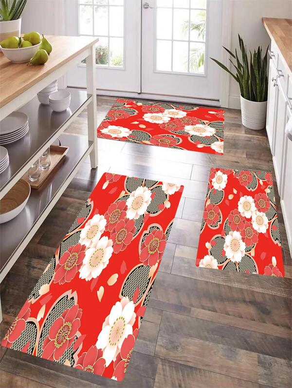 1pc Floral Print Anti-slip Kitchen Rug, Red Polyester Absorbent Floor Mat For Household
