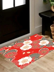 1pc Floral Print Anti-slip Kitchen Rug, Red Polyester Absorbent Floor Mat For Household