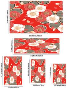 1pc Floral Print Anti-slip Kitchen Rug, Red Polyester Absorbent Floor Mat For Household