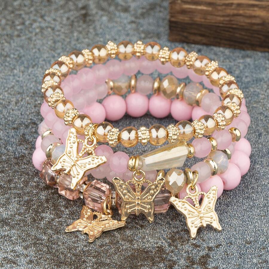 4 cái/bộ Vòng Tay Đính Hạt Charm Bướm - Hồng - Xem 1