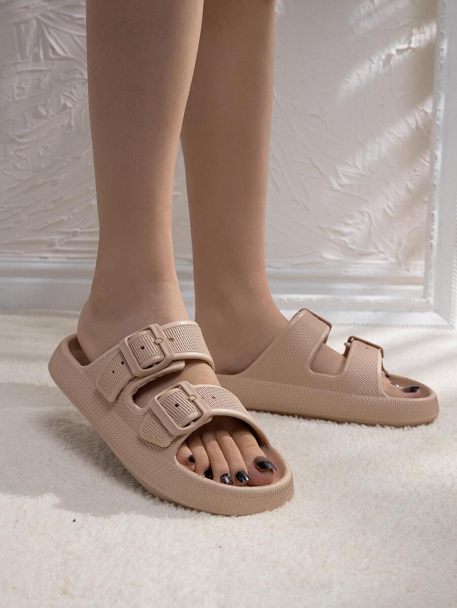 時尚拖鞋適用於女士雙搭扣裝飾拖鞋 - 卡其色 - 查看 1