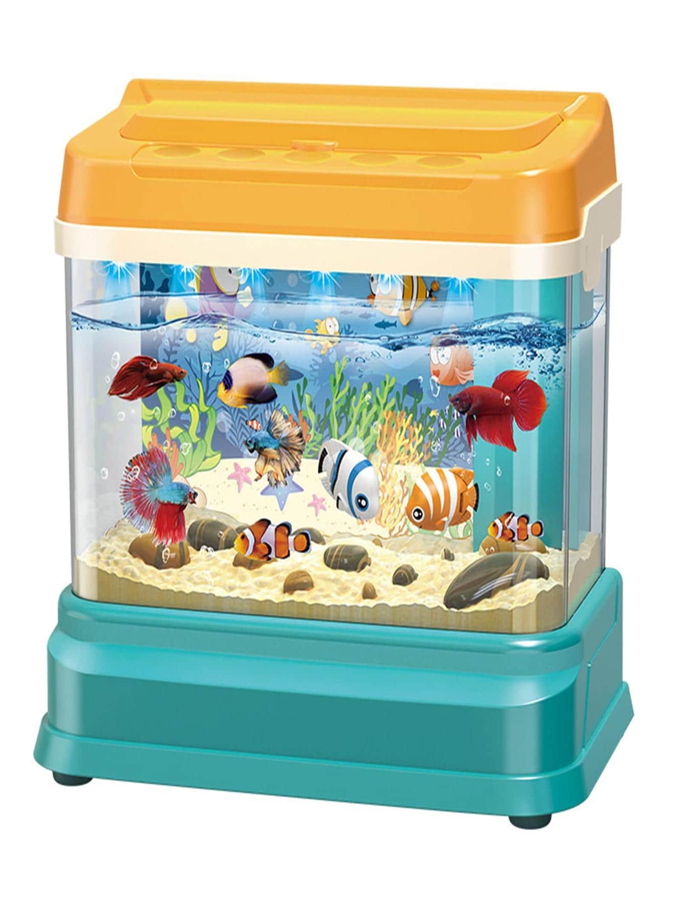 Valentine's Day Mini Aquarium For Kids Fishing Toys Artificial Fish Tank With Moving Fish*4 With USB Light And Music Fishing Rod Fishing Net - Màu xanh lam - Xem 1