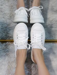 Sporty Mule Sneakers For Women, White Lace-up Front Sneakers - White - View 5