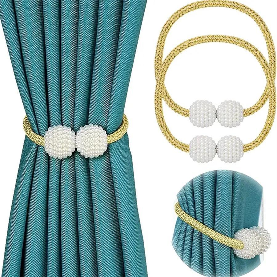 2 cái Faux Pearl Decor Rèm từ tính - Màu vàng - Xem 1