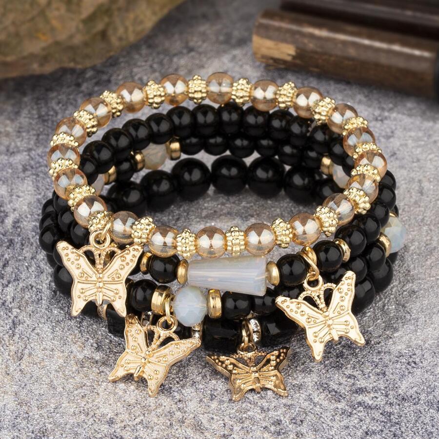 4 cái/bộ Vòng Tay Đính Hạt Charm Bướm - màu đen - Xem 1
