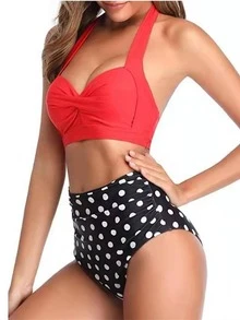 Polka Dot Ruched Push Up Bikini Set For Summer Beach - Red - View 2