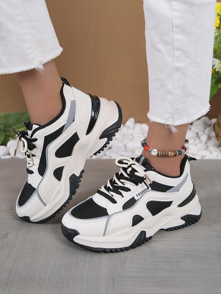 1pair Sporty Women Sneakers, Lace Up Front PU Low Top Chunky Sneakers - Black and White - View 7
