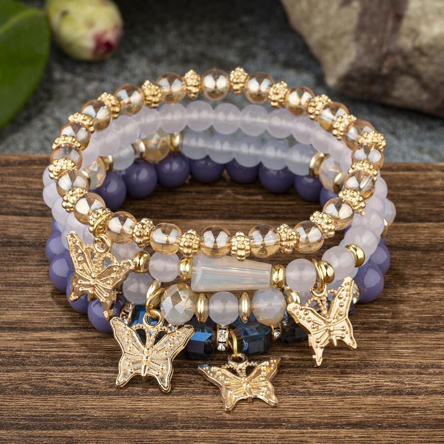 4 cái/bộ Vòng Tay Đính Hạt Charm Bướm - Màu tím - Xem 1