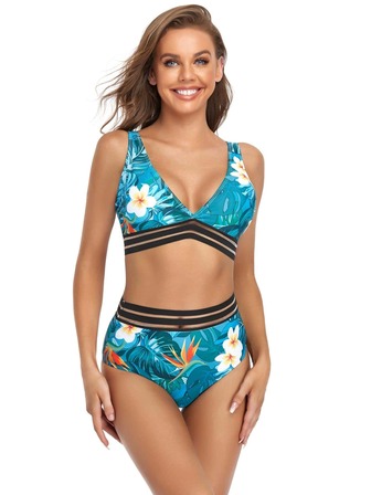 Tropical Print Contrast Mesh Bikini Summer