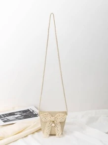 Túi rơm trang trí nơ đáng yêu bên bờ biển Túi đeo chéo thời trang có thể gập lại cho kỳ nghỉ - Màu be - Xem 5